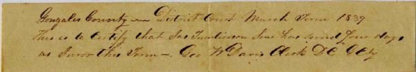 1839 Republic of Texas Document Signed by George W. Davis Who Fought at the Battle of Gonzales -- 7.75'' x 1.25'' -- Fine
