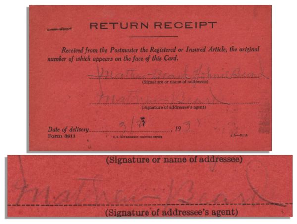 Matthew ''Stymie'' Beard Signed Postal Receipt, 1935 -- Hal Roach Studios -- Measures 5'' x 3'' -- Pencil Writing Light, Near Fine