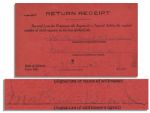 Matthew Stymie Beard Signed Postal Receipt, 1935 -- Hal Roach Studios -- Measures 5 x 3 -- Pencil Writing Light, Near Fine