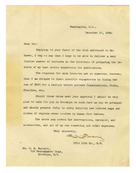 Arctic Explorer Robert Peary 1906 Typed Letter Signed -- After His Expedition -- 8'' x 10.5'' -- Near Fine