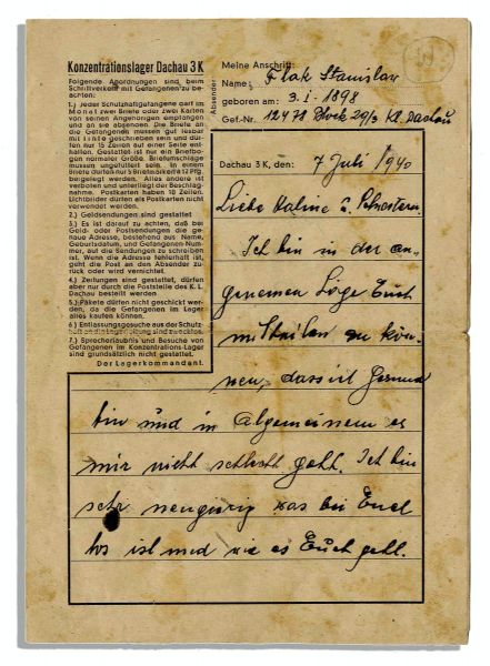 Rare 1940 Dachau Concentration Camp Prisoner Letter -- ''...All lies in God's hands and hope that all will sort itself out, slowly but surely and that we will see each other again...''