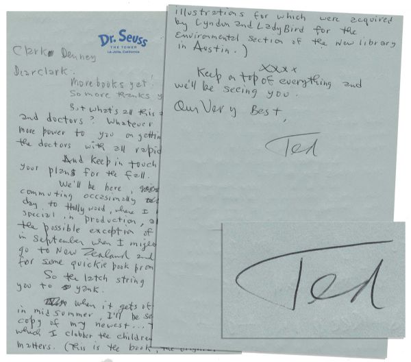 Dr. Seuss Autograph Letter Signed -- ''...I'll be sending you a copy of my newest...The Lorax...in which I clobber the children on ecological matters...'' 
