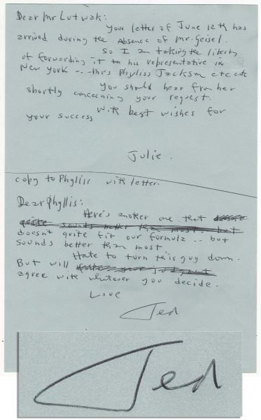 Dr. Seuss Autograph Note Signed -- Including a Drafted Letter to Longtime Agent Phyllis Jackson