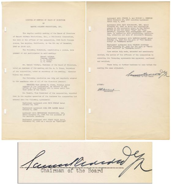 Samuel Goldwyn 1948 Minutes Signed for His Production Company -- 8.5'' x 14'' -- Near Fine