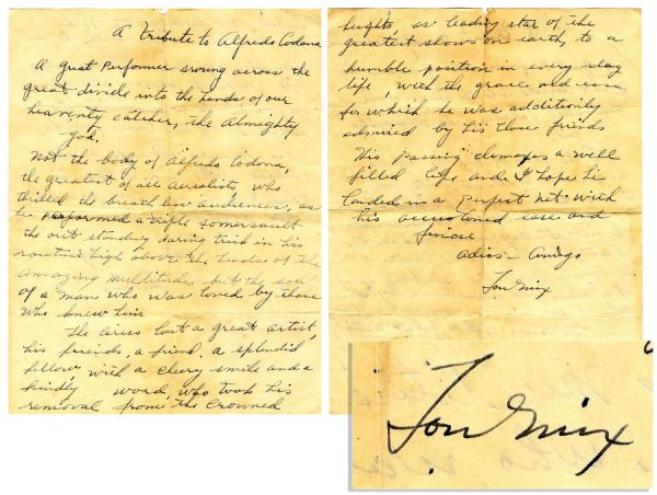 Tom Mix Autograph Letter Signed -- 1937 Tribute to Circus Star Alfredo Codona