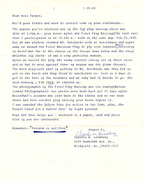 Charles W. Lindberg, Iwo Jima Flag Raiser, Typed Letter Signed -- ''...After we raised the flag, the enemy started coming out of their caves...'' -- Letter Documenting Iconic WWII Moment 