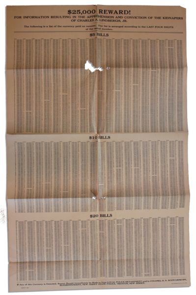 Lindbergh 1932 Kidnapping Reward Poster -- Lists Serial Numbers of Currency Paid in Ransom