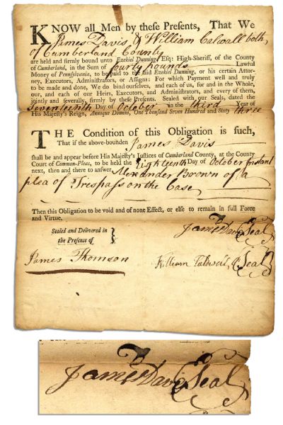 1763 Pennsylvania Bail Bond -- Trespassing Fee Requires Payment of Forty Pounds