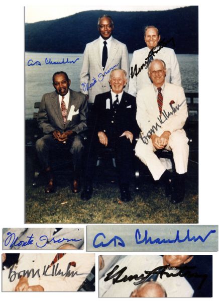 Cooperstown Hall of Fame Induction 8'' x 10'' Photo Signed by HOFers Bowie Kuhn, Monte Irvin, A.B. ''Happy'' Chandler and Team Owner, American League VP Gene Autry