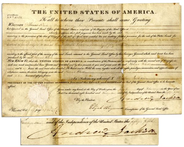 Andrew Jackson Indiana Land Grant Signed as President