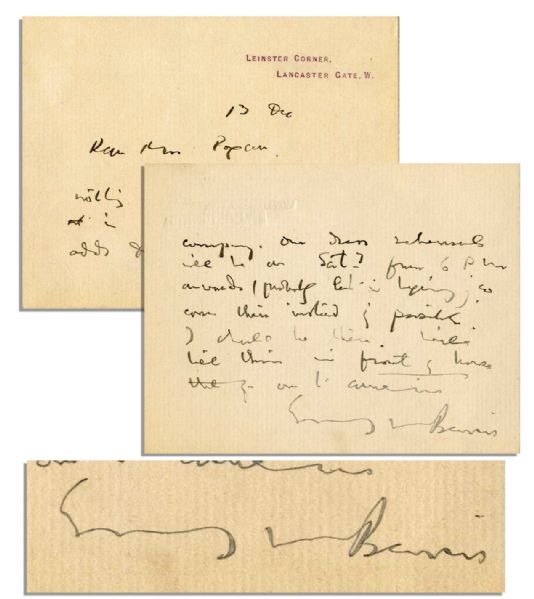 J.M. Barrie Autograph Letter Signed -- ''...There will be nothing doing on Friday evening in Peter Pan except odds & ends...''