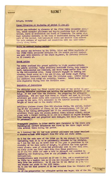Army Secret Intelligence Report on Battle of the Bulge -- ''...enemy artillery continued firing...and heavy enemy mortar fire fell in the Rollesbroich area. Enemy aircraft engaged in bombing and...