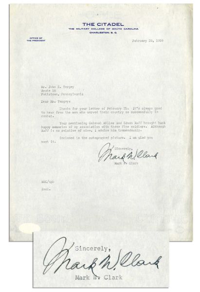 General Mark W. Clark TLS ''...Thanks for your letter...It's always good to hear from the men who served their country so successfully...''