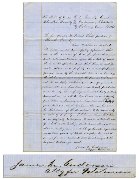 1863 Texas ''Petition to Sell Slave'' -- ''...she prays for an order to sell said negro to the highest bidder for cash...''
