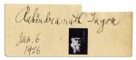 Poet Rabindranath Tagore Signs and Dates Jan. 6 1926 Autograph Page -- 7.5 x 3.25 -- Paper Loss to Upper Right -- Very Good