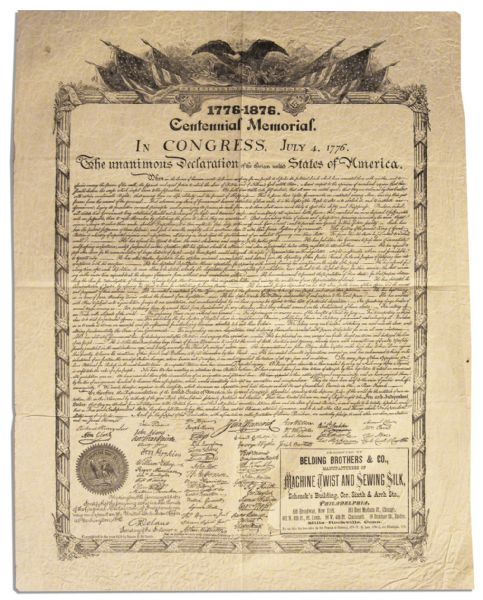 1876 Printing of the Declaration of Independence -- Centennial Memorial Print