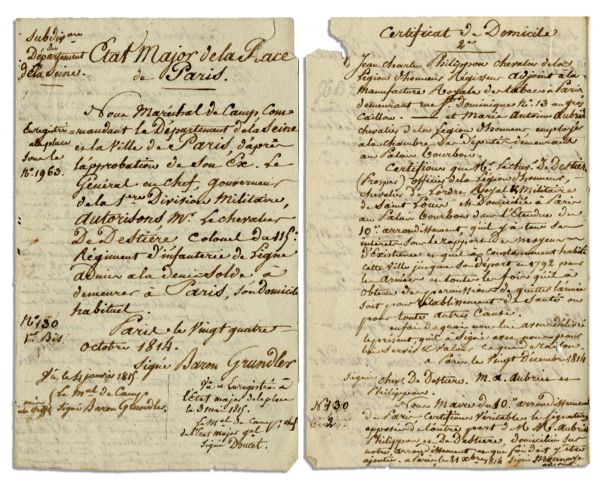 Napoleonic Era Document Signed by Baron Louis Sebastian Grundler in 1814 -- Military Governor of Paris Under Newly Restored Louis XVIII
