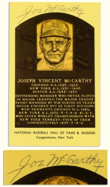 Joe McCarthy Signed Postcard of His HOF Plaque -- 5.5'' x 3.5'' -- Near Fine -- With PSA/DNA COA