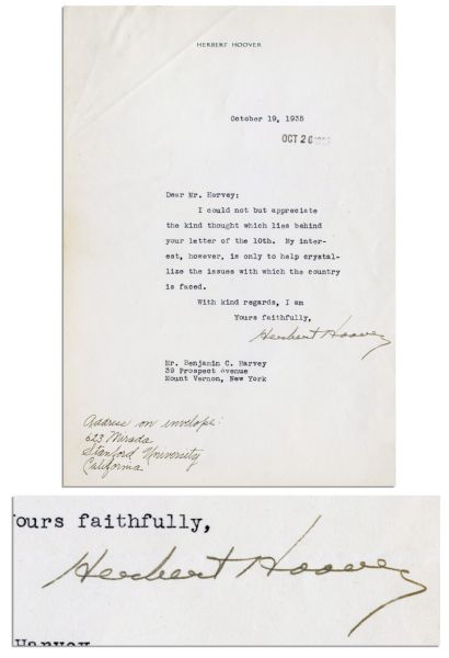 Herbert Hoover Typed Letter Signed -- ''...My interest...is only to help crystallize the issues with which the country is faced...''