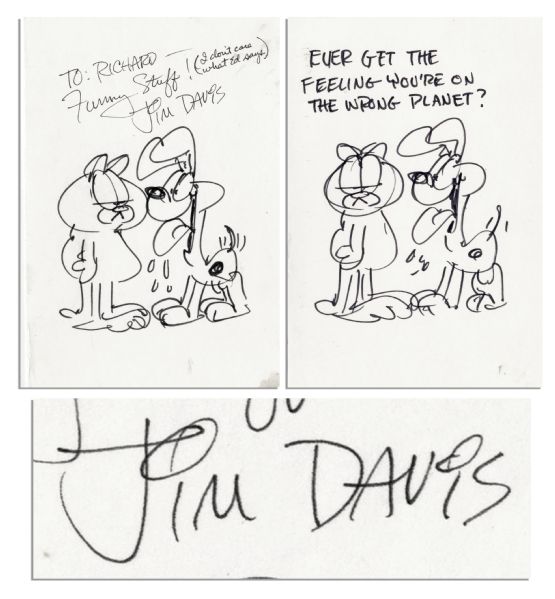 Jim Davis Original Art Signed of His Famous Feline Character Garfield -- Davis Sketches Garfield and Odie as a Mock-up for a Greeting Card