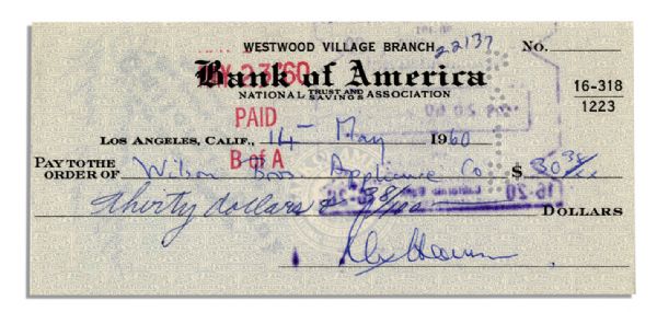 Oscar Winning Actor Rex Harrison 5.75'' x 2.75'' Check Signed on 14 May 1960 for 38 Dollars -- ''Rex Harrison'' -- Near Fine