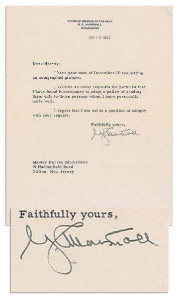 George C. Marshall 1955 TLS -- 7'' x 9'' -- Near Fine on His Stationery