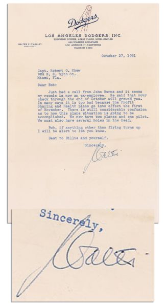 Longtime President of the Dodgers Wally O'Malley Typed Letter Signed -- ''...it seems my roomie is now an ex-employee...''