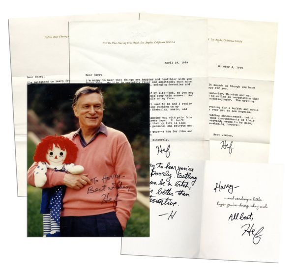 Hugh Hefner Signed Photo, Signed Personal Letters and Card to Porn Star Harry Reems -- ''...Getting older can be a bitch, but it's better than the alternative- H''