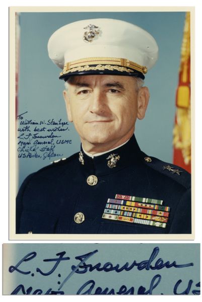 WWII Iwo Jima General Snowden Signed 8'' x 10'' Glossy Photo -- ''...L.T. Snowden Major General, USMC Chief of Staff US Forces, Japan'' -- Fine