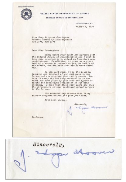 J. Edgar Hoover 1953 Typed Letter Signed -- Congratulating Employee on Tenth Year With FBI