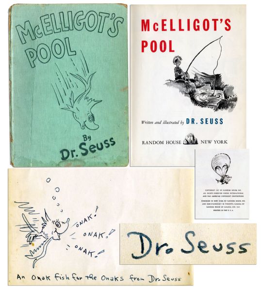 Dr. Seuss ''McElligot's Pool'' First Edition -- Inscribed and Signed With Drawing by Author