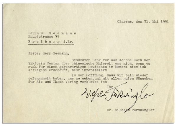 Conductor Wilhelm Furtwangler Letter Signed -- ''...Thank you very much for the beautiful book...about Chinese art...''