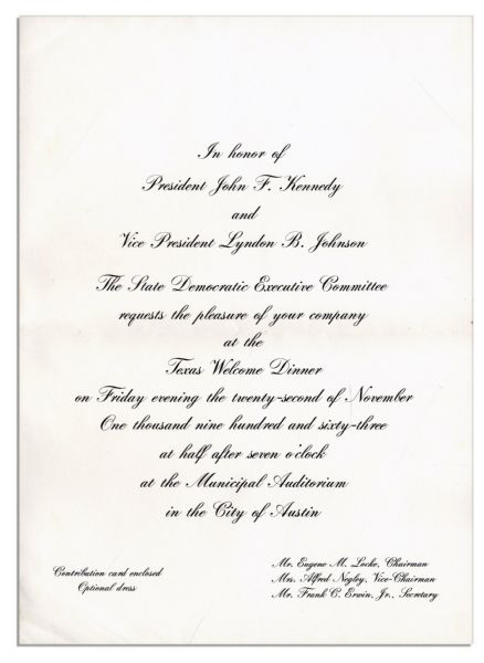 Invitation to the Dinner Welcoming President Kennedy to Texas the Night of His Assassination