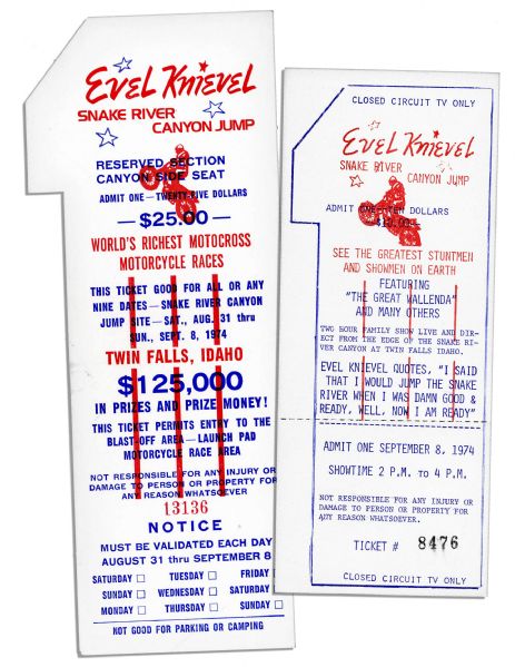 Two Evel Knievel Snake River Canyon Jump Tickets -- ''I said that I would jump the Snake River when I was damn good & ready, well, now I'm ready'' -- the Notorious Failed Jump in His Career