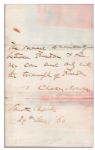 Charles Sumner Autograph Quote Signed From His Powerful 1860 Barbarism of Slavery Speech -- The sacred animosity between Freedom & Slavery can end only with the triumph of Freedom...