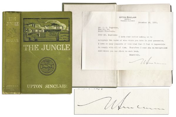 Upton Sinclair First Edition of ''The Jungle'' -- With Tipped-in Typed Letter Signed by Sinclair -- ''...I send you an autographed card which you can place in each book...''