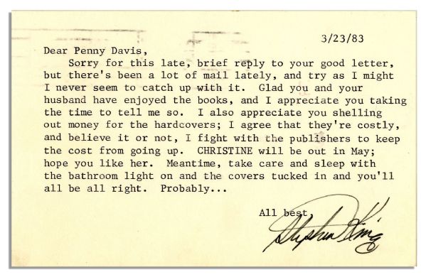 Stephen King Signed Postcard -- ''CHRISTINE will be out in May....sleep with the bathroom light on and the covers tucked in and you'll be alright. Probably...''