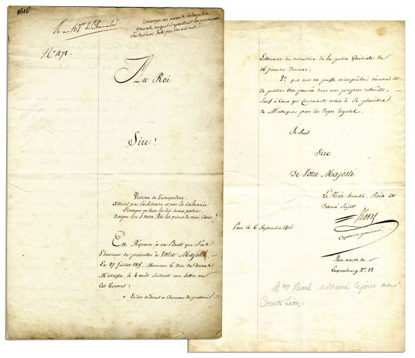 Impassioned Letter Signed by French Captain Revel to King Louis XVIII, Declaring Napoleon Had Raped His Wife: ''... the Usurper...made her his mistress...'' -- This Mistress Gave Napoleon His First...
