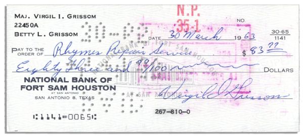 Virgil ''Gus'' Grissom Signed Check