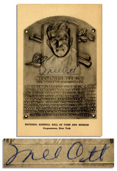 Mel Ott Signed Postcard Depicting His Plaque at the National Baseball Hall of Fame -- With PSA/DNA COA