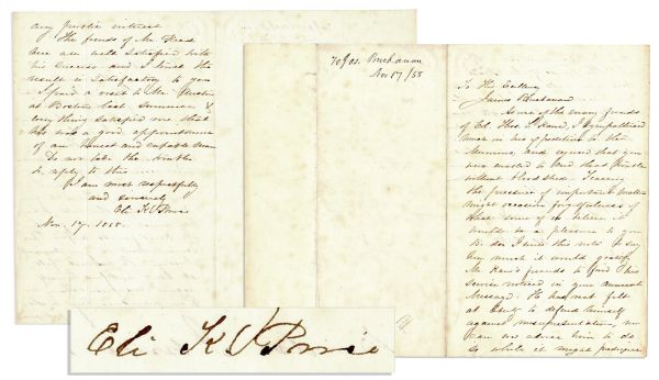 Eli K. Price Autograph Letter Signed to President Buchanan Regarding The Mormon Uprising of 1857-58, aka The Utah War -- ''...you were enabled to end that trouble without bloodshed...''