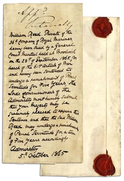 Queen Victoria Signed 1865 Court Martial Document -- Authorizing a 5 Year Sentence of Penal Servitude for a Private in the Royal Marines