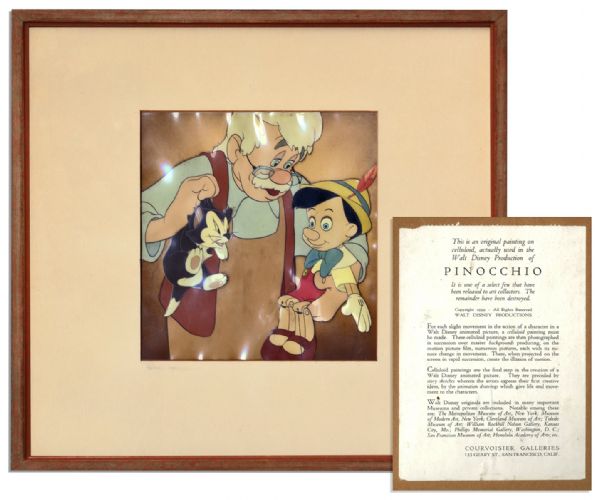 Original Animation Cel From Walt Disney's ''Pinocchio'' -- From ''Jealous Figaro'' Scene With Pinocchio, Figaro the Cat & Mister Geppetto