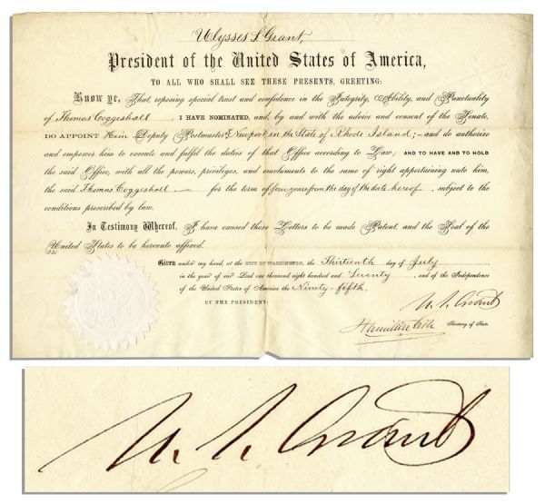 Ulysses S. Grant Document Signed as President in 1870
