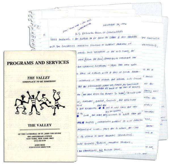 Arthur Ashe Handwritten Draft of a Speech on Black Youth From the End of His Life -- With a Program From The Event -- ''...many are willing to 'write [young black men] off'...they are so wrong...''