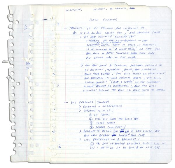 Arthur Ashe's Handwritten Notes for a Speech to Black Graduates -- ''...Affirmative action for me was a last resort...The rest of America basically doesn't like us...''