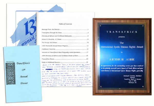 To Honor His Boycott of South African Tennis, Arthur Ashe's Award From TransAfrica -- Also With His Handwritten Acceptance Speech, ''...'Some of my best friends are black'...''