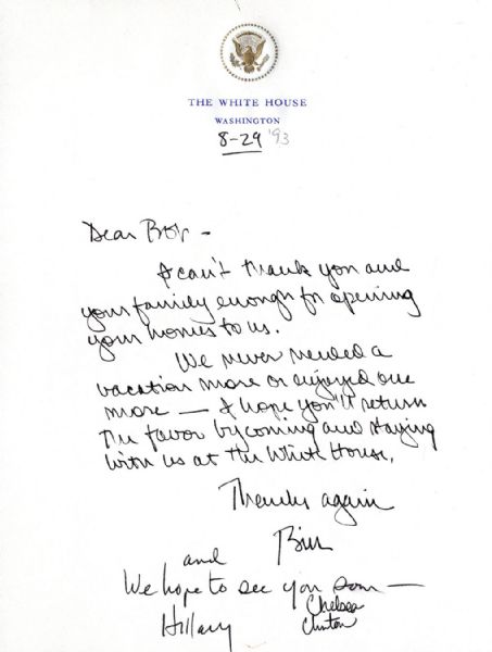 Bill Clinton Autograph Letter Signed as President to Robert McNamara -- With Additional Autograph Note Signed by Hillary & Signature by Chelsea -- Scarce