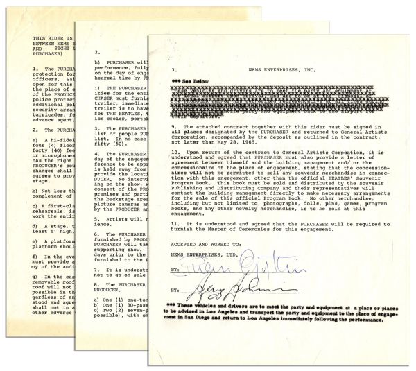 Beatles Contract Rider for Their 1965 San Diego Concert Signed by Brian Epstein -- The Beatles Refuse to Play Before a Segregated Audience
