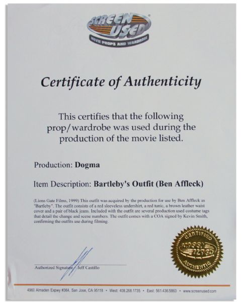 Ben Affleck Screen-Worn Costume From the Climactic Ending of ''Dogma'' -- With Kevin Smith COA